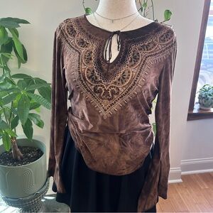 Y2K Boho Fairy Brown Embroidered Blouse with Butterfly Sleeves